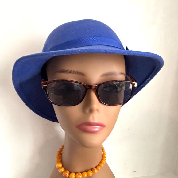 Vintage 50s USA Bollman Cloche Tilt Hat Cobalt Royal Blue Wool Felt Brim Ribbon main image 6